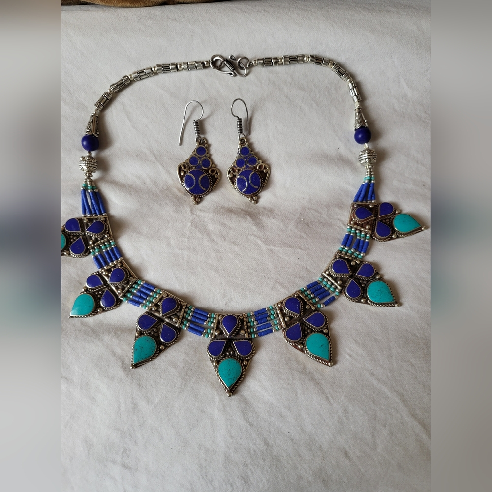 Genuine Composite Turquoise and Lapis Lazuli Tibetan Silver necklace and earri
